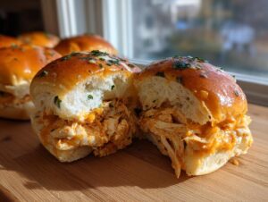 One buffalo chicken slider cut in half showing shredded chicken mixed with orange buffalo sauce inside a glazed roll.