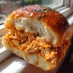 A close-up, cross-section view of a delicious buffalo chicken sliders sandwich filled with shredded, saucy chicken.