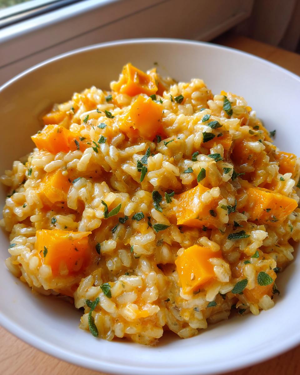 Close-up of creamy butternut squash risotto topped with fresh herbs in a white bowl.