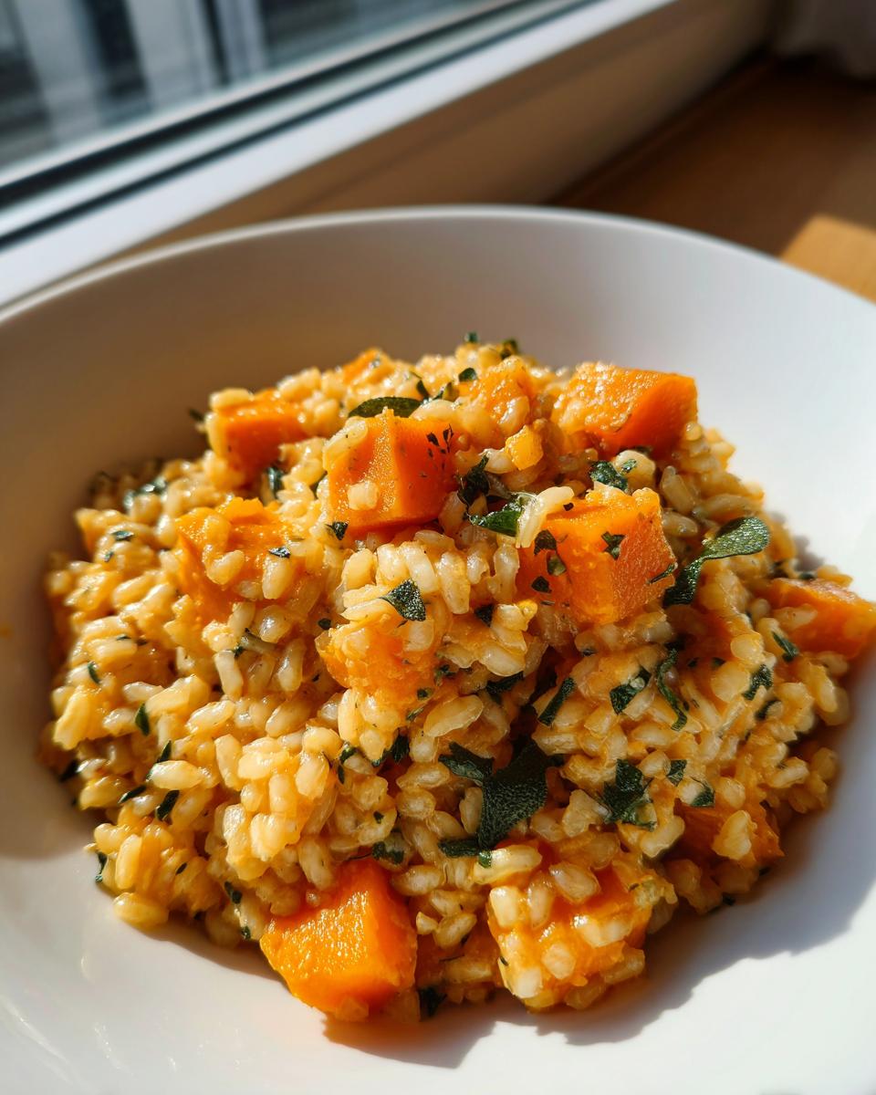 A close-up of creamy butternut squash risotto topped with bright orange squash cubes and fresh green sage.