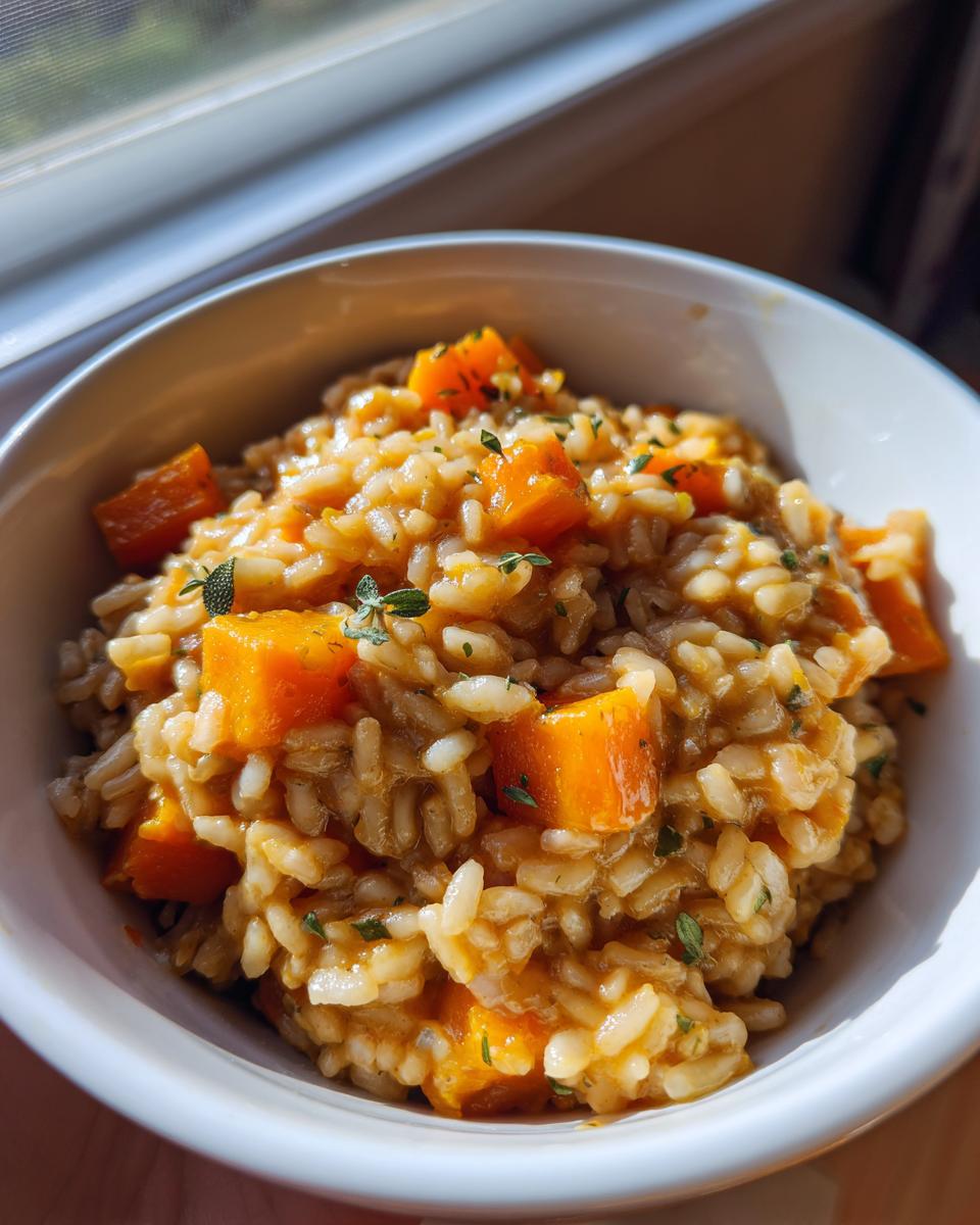 Close-up of creamy butternut squash risotto topped with herbs in a white bowl, illuminated by window light.