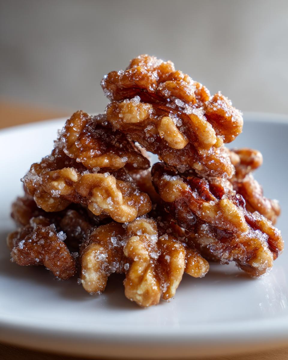 A close-up pile of glistening candied walnuts coated in sparkling sugar crystals, ready to eat.