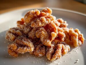 A close-up pile of glistening candied walnuts coated heavily in sparkling sugar crystals.