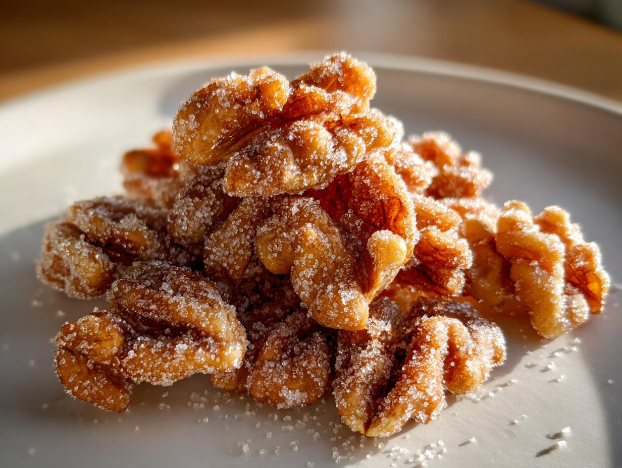 A close-up pile of glistening candied walnuts coated heavily in sparkling sugar crystals.