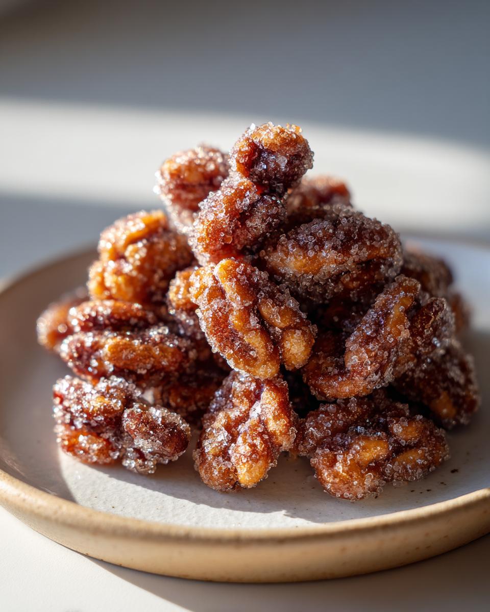 A close-up shot of a small pile of glistening candied walnuts coated heavily in sugar crystals.
