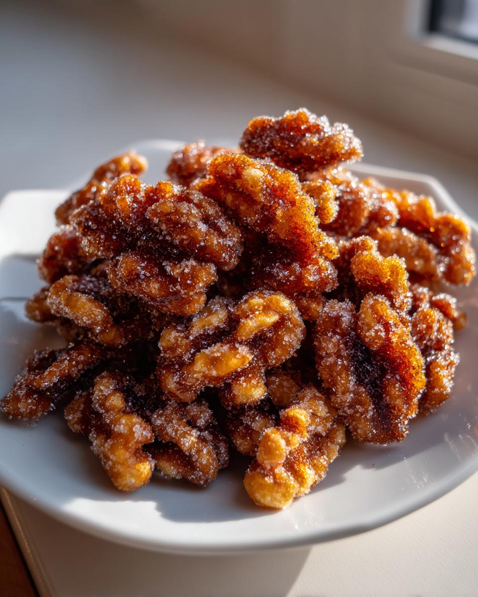A pile of glistening, caramelized candied walnuts coated in sparkling sugar crystals on a white plate.