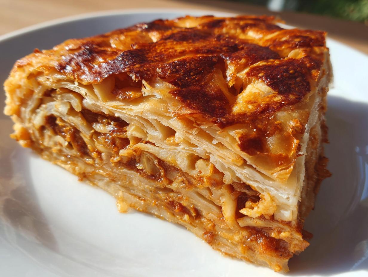 Close-up of a flaky, layered slice of carmelitas pastry with a rich, caramelized filling.