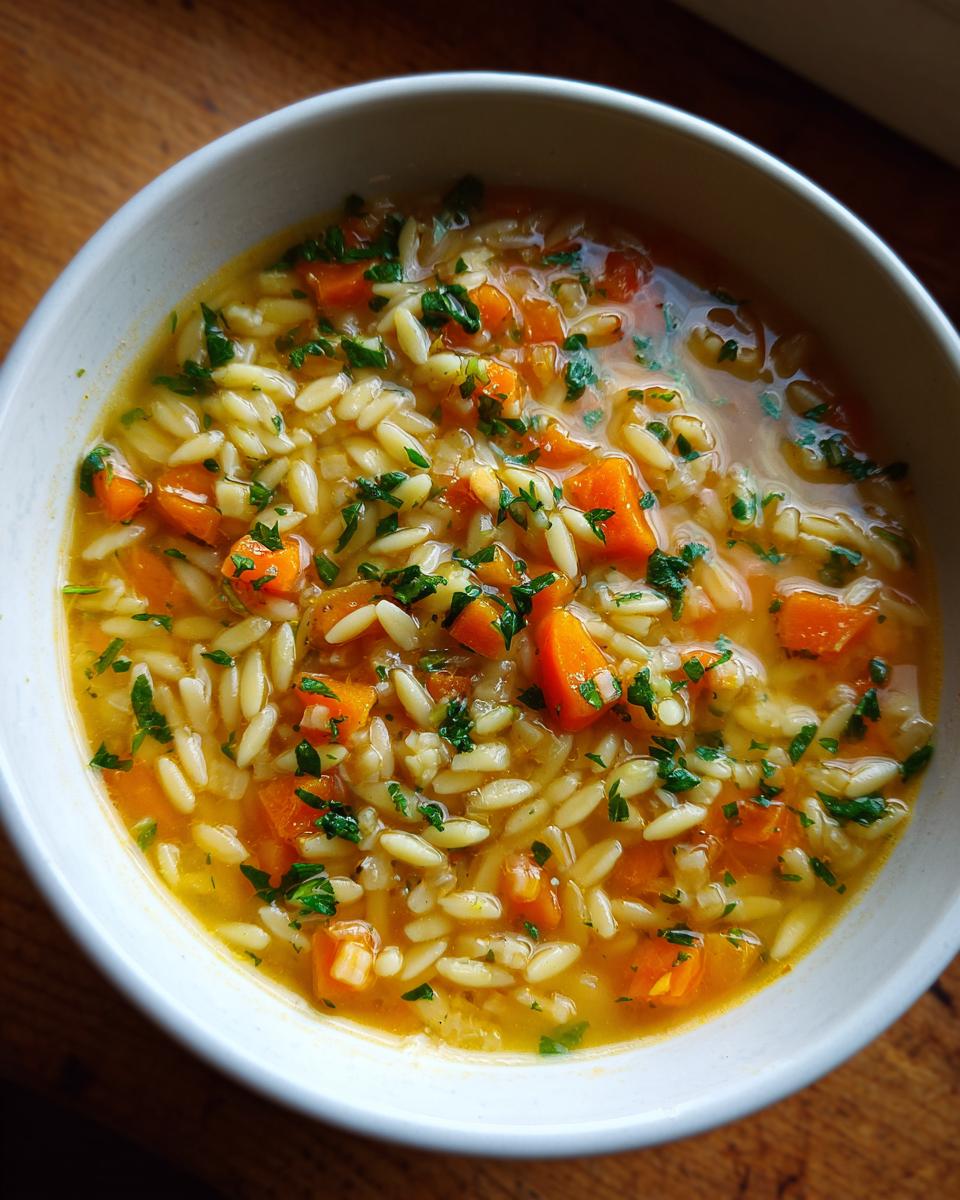 Close-up of a white bowl filled with warm pastina soup featuring orzo pasta, diced carrots, and fresh parsley.