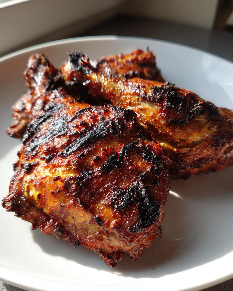 Close-up of three pieces of richly seasoned and charred Jamaican jerk chicken resting on a white plate.