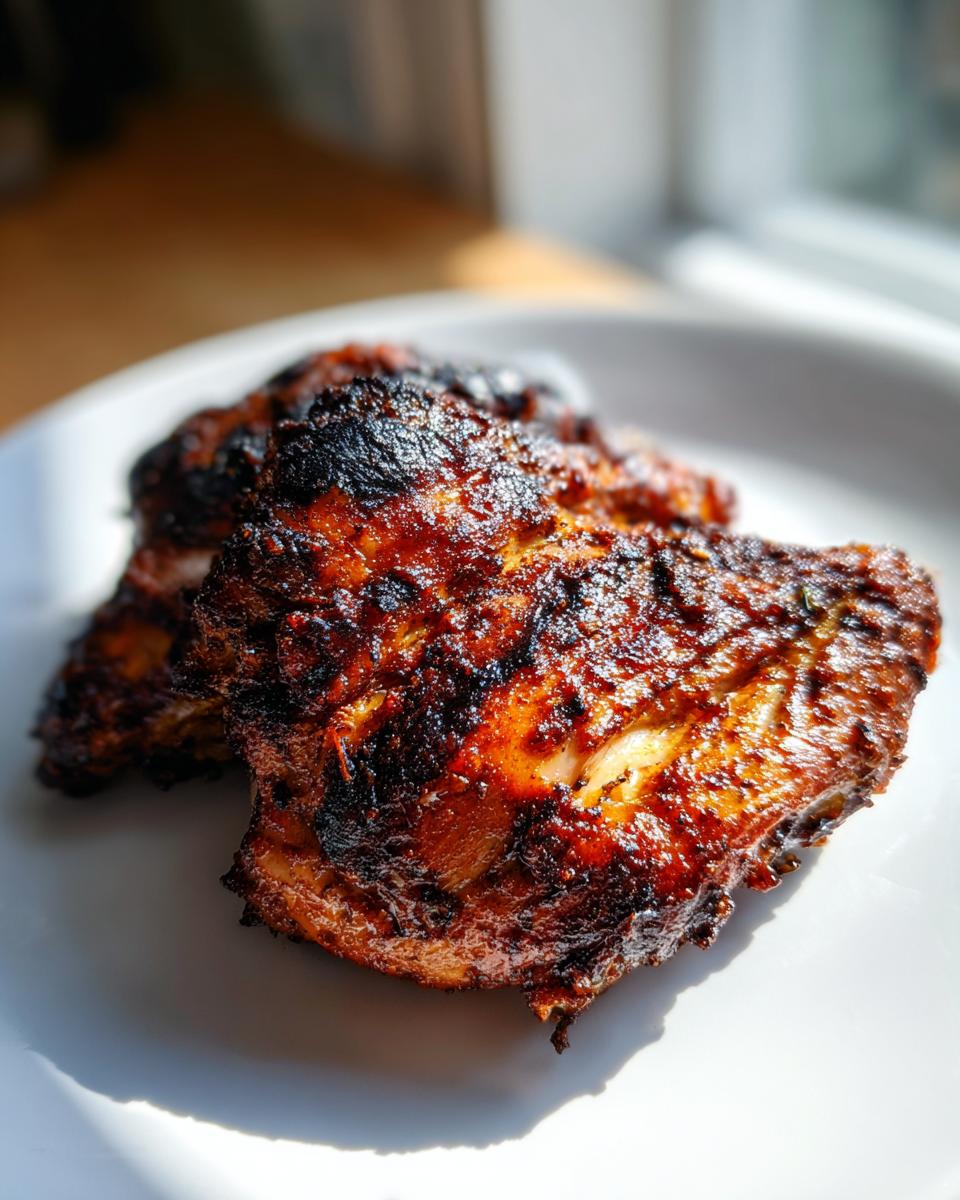Two pieces of richly seasoned and charred Jamaican jerk chicken resting on a white plate.