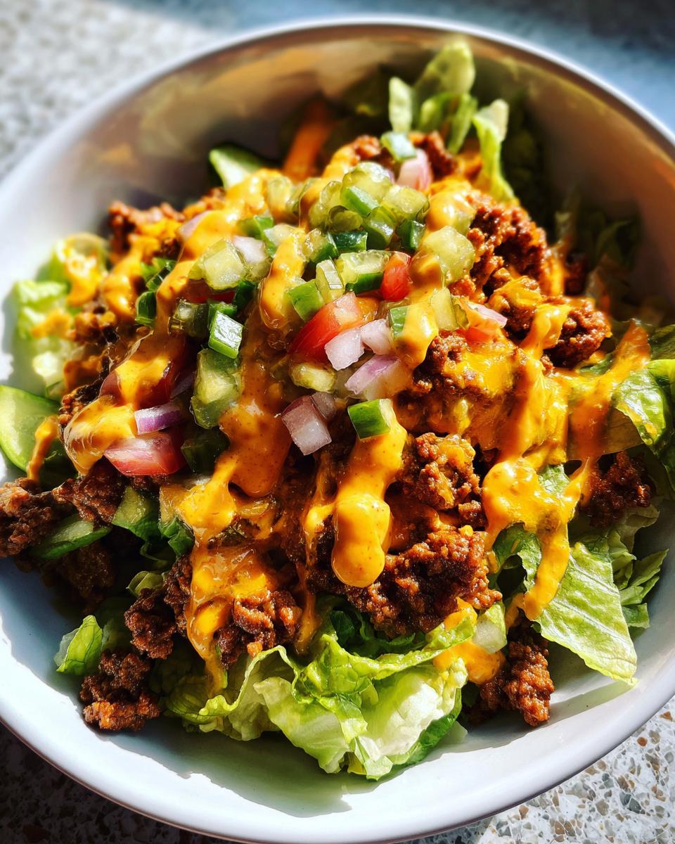 A close-up of a fresh cheeseburger bowl featuring seasoned ground beef, lettuce, and drizzled with orange sauce and chopped pickles/onions.