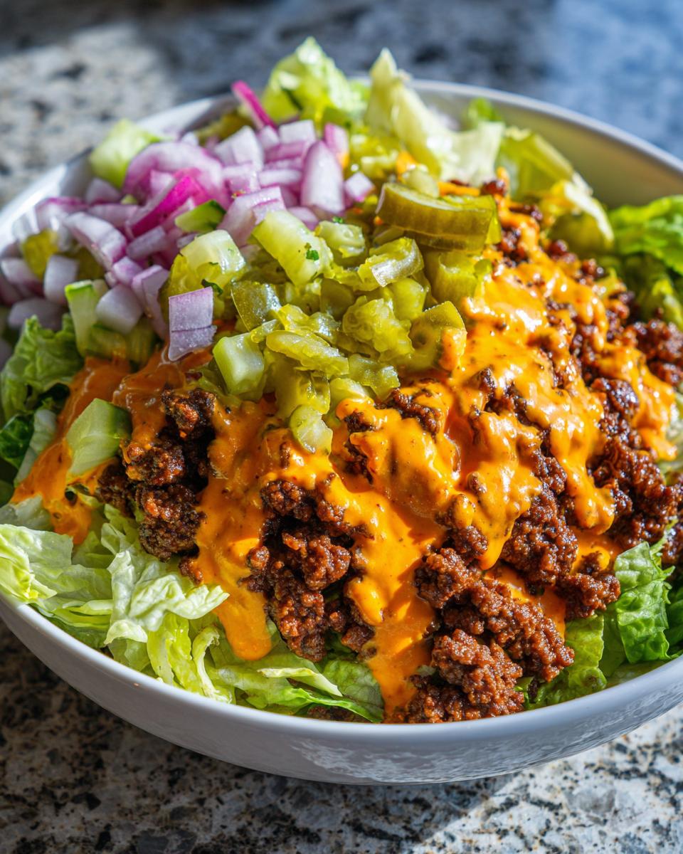 A close-up of a vibrant cheeseburger bowl featuring seasoned ground beef, orange cheese sauce, chopped pickles, and red onions over lettuce.