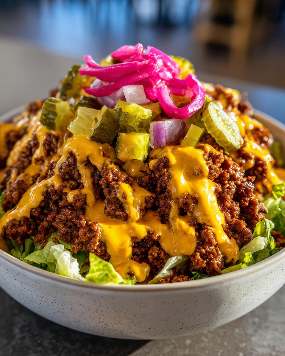 A close-up view of a delicious cheeseburger bowl featuring seasoned ground beef, melted cheese sauce, pickles, and pickled red onions over lettuce.