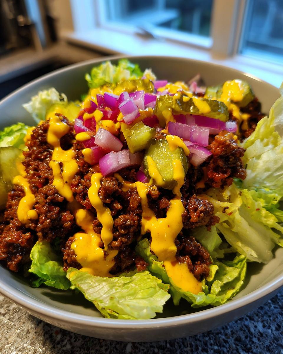 A close-up of a vibrant cheeseburger bowl featuring seasoned ground beef, lettuce, pickles, red onion, and a drizzle of yellow sauce.