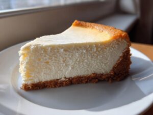 A perfect, creamy slice of baked cheesecake with a golden-brown top and graham cracker crust, ready to eat.