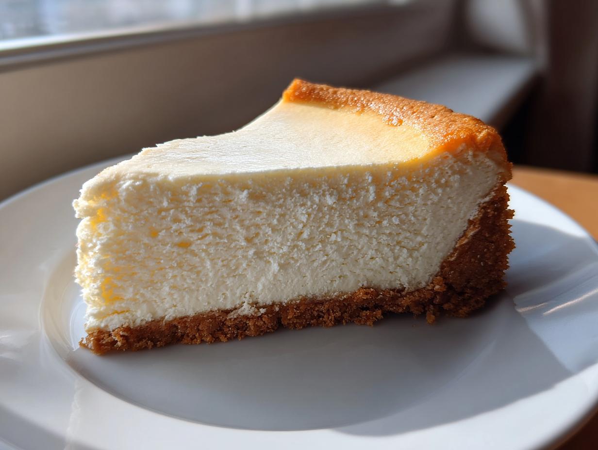 A perfect, creamy slice of baked cheesecake with a golden-brown top and graham cracker crust, ready to eat.