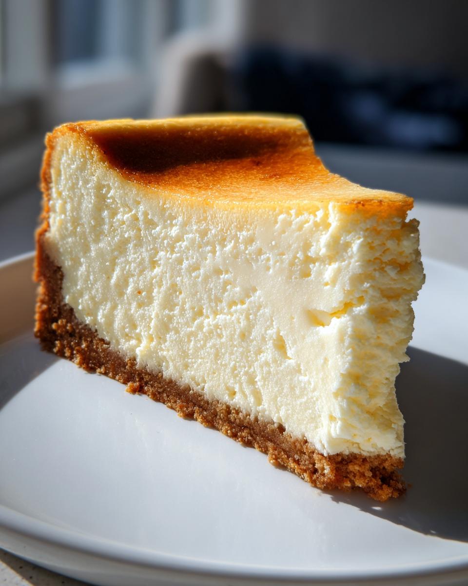 A thick, creamy slice of baked cheesecake recipe on a white plate, showing a graham cracker crust and a golden-brown top.