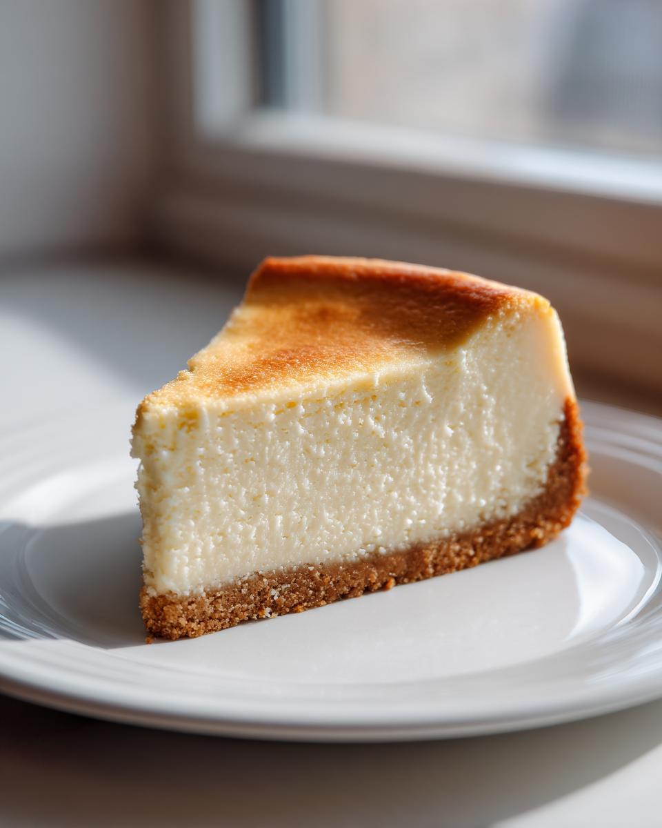 A perfectly baked slice of classic cheesecake with a golden top and graham cracker crust, ready to eat.