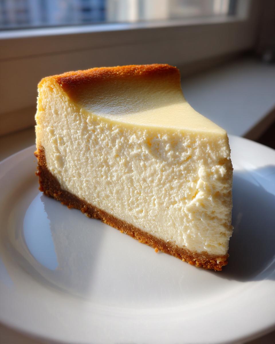 A perfect slice of creamy cheesecake recipe on a white plate, backlit by sunlight.