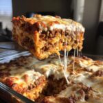 A generous slice of baked ziti, layered with meat sauce and melted cheese, being lifted from the pan with a cheese pull.