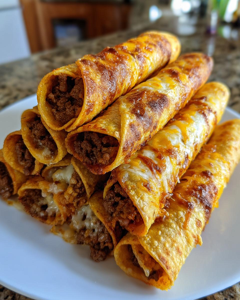 A stack of golden, crispy cheesy beef flautas or beef taquitos topped with melted, browned cheese.