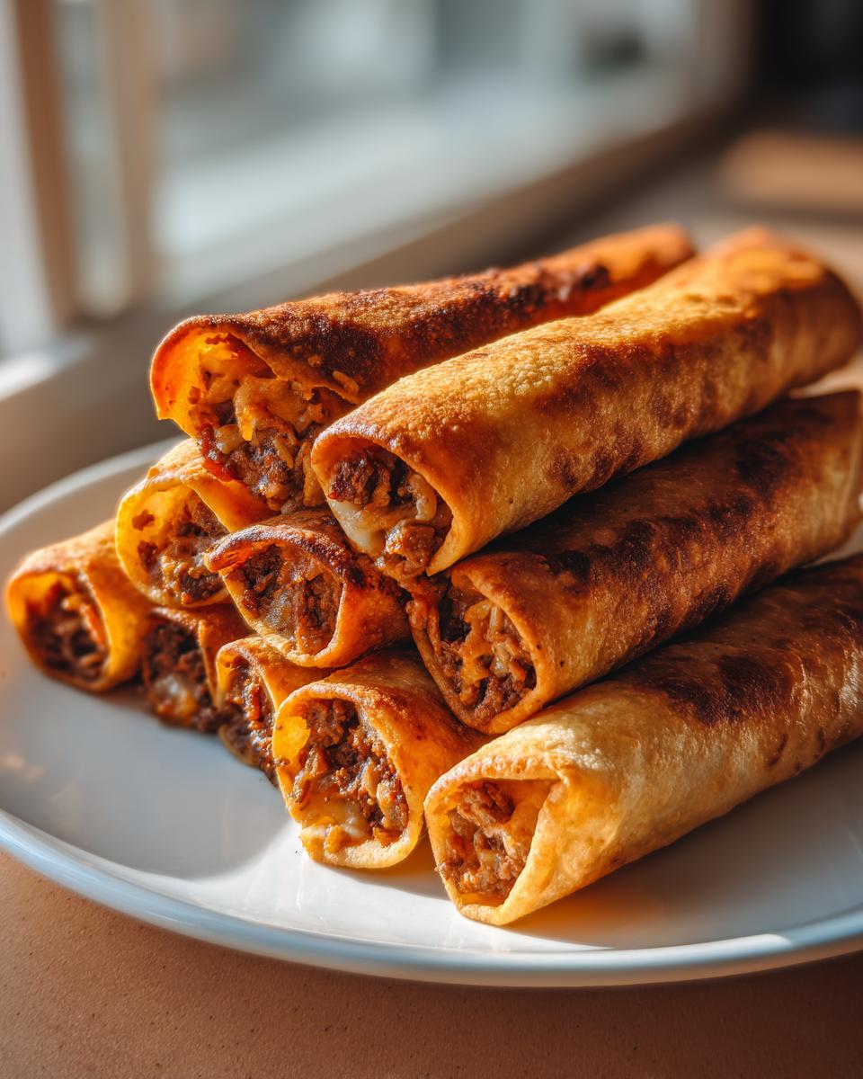 A stack of golden-brown, crispy cheesy beef flautas piled high on a white plate, catching bright sunlight.