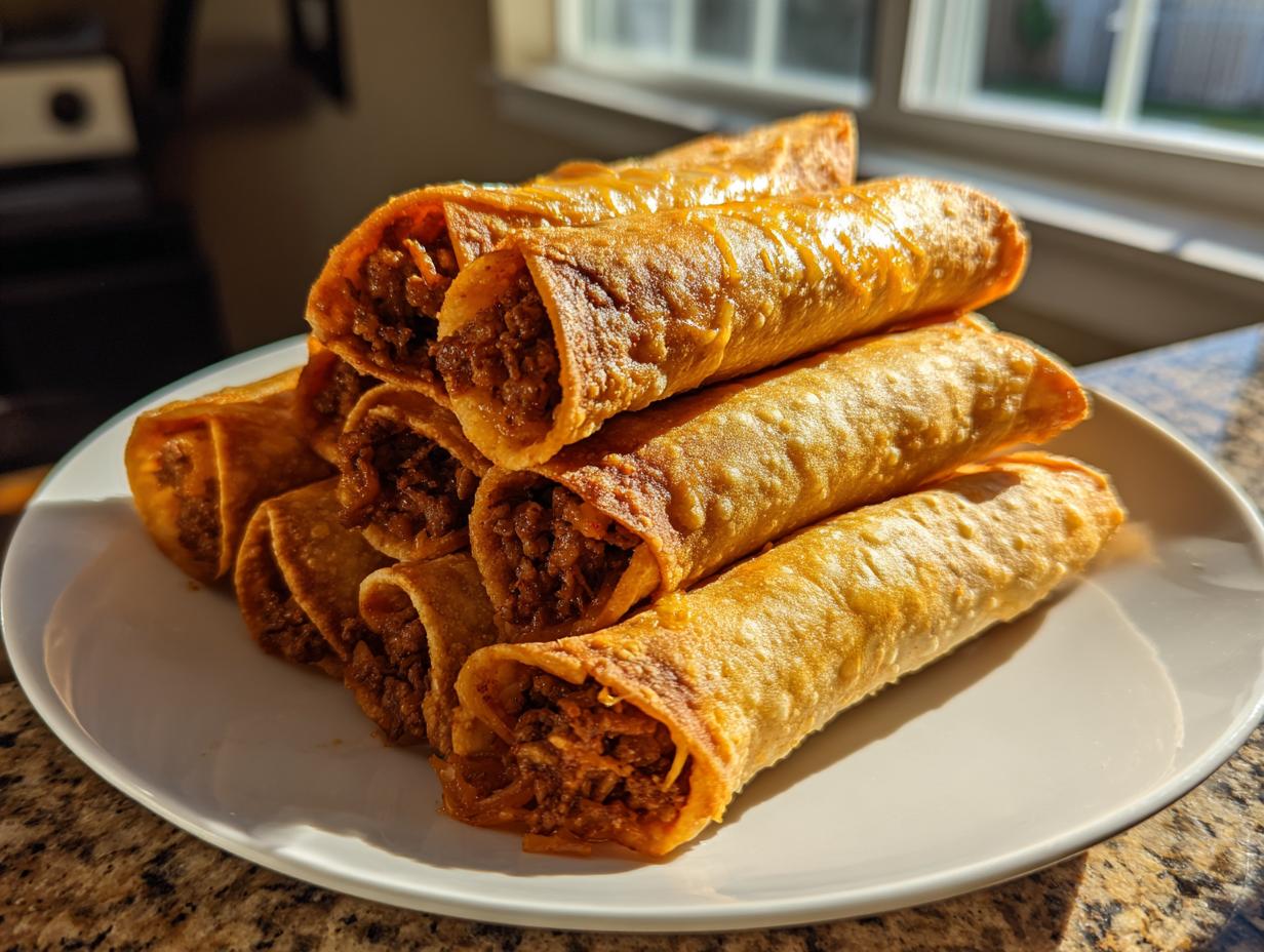 A stack of crispy, golden brown cheesy beef flautas piled high on a white plate, ready to eat.