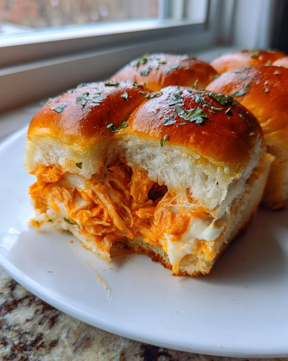 One buffalo chicken slider is bitten into, showing shredded orange buffalo chicken and melted cheese inside soft rolls topped with parsley.