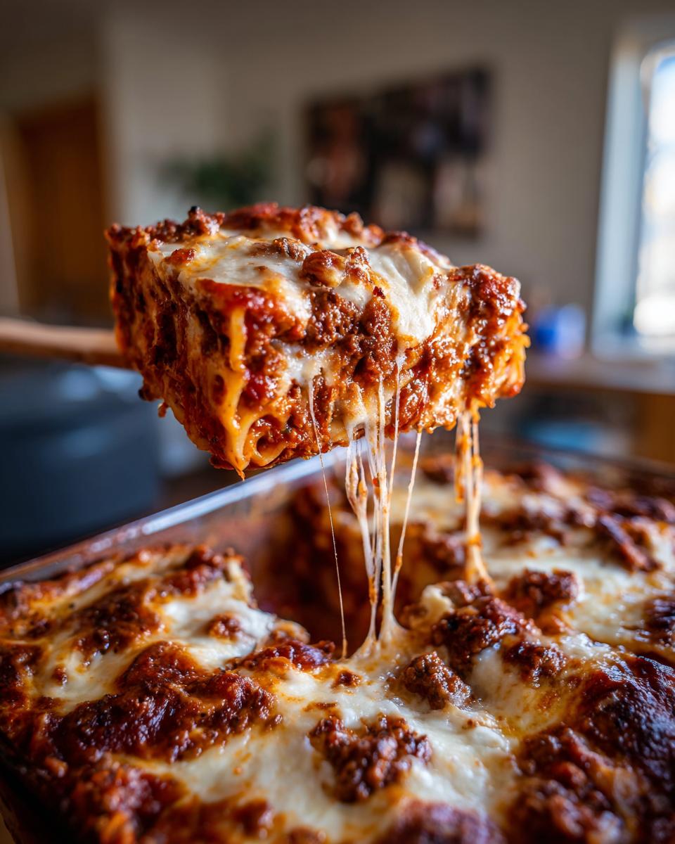 A slice of baked ziti is lifted from the pan, showing a dramatic cheese pull and rich meat sauce.