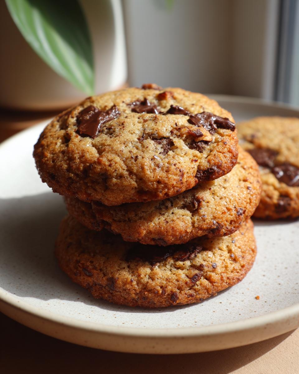 A stack of three chewy chocolate chip almond cookies piled on a speckled plate, bathed in natural light.
