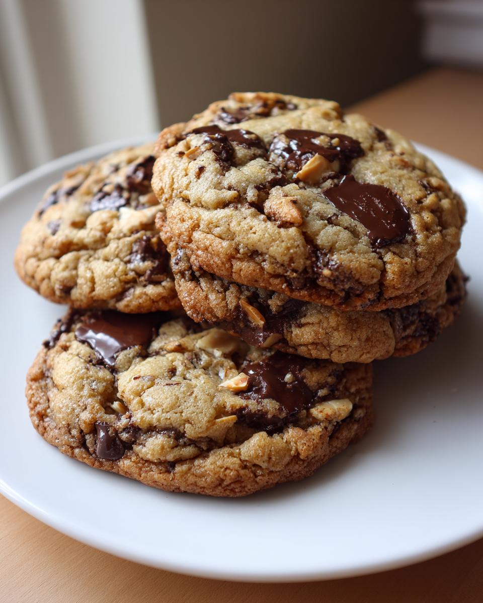 A stack of three chewy chocolate chip almond cookies with melted chocolate chunks on a white plate.