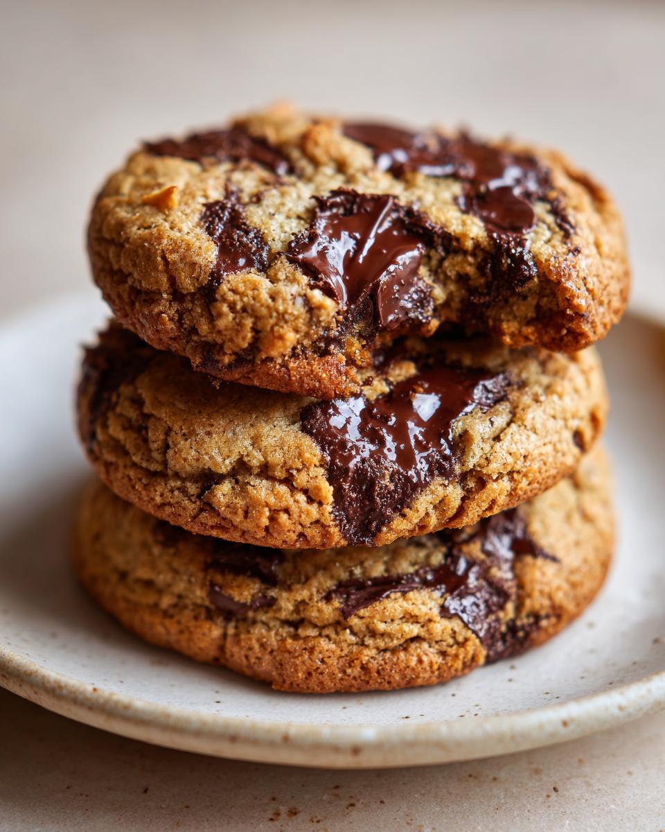 A stack of three chewy chocolate chip almond cookies with melted chocolate pools on top.