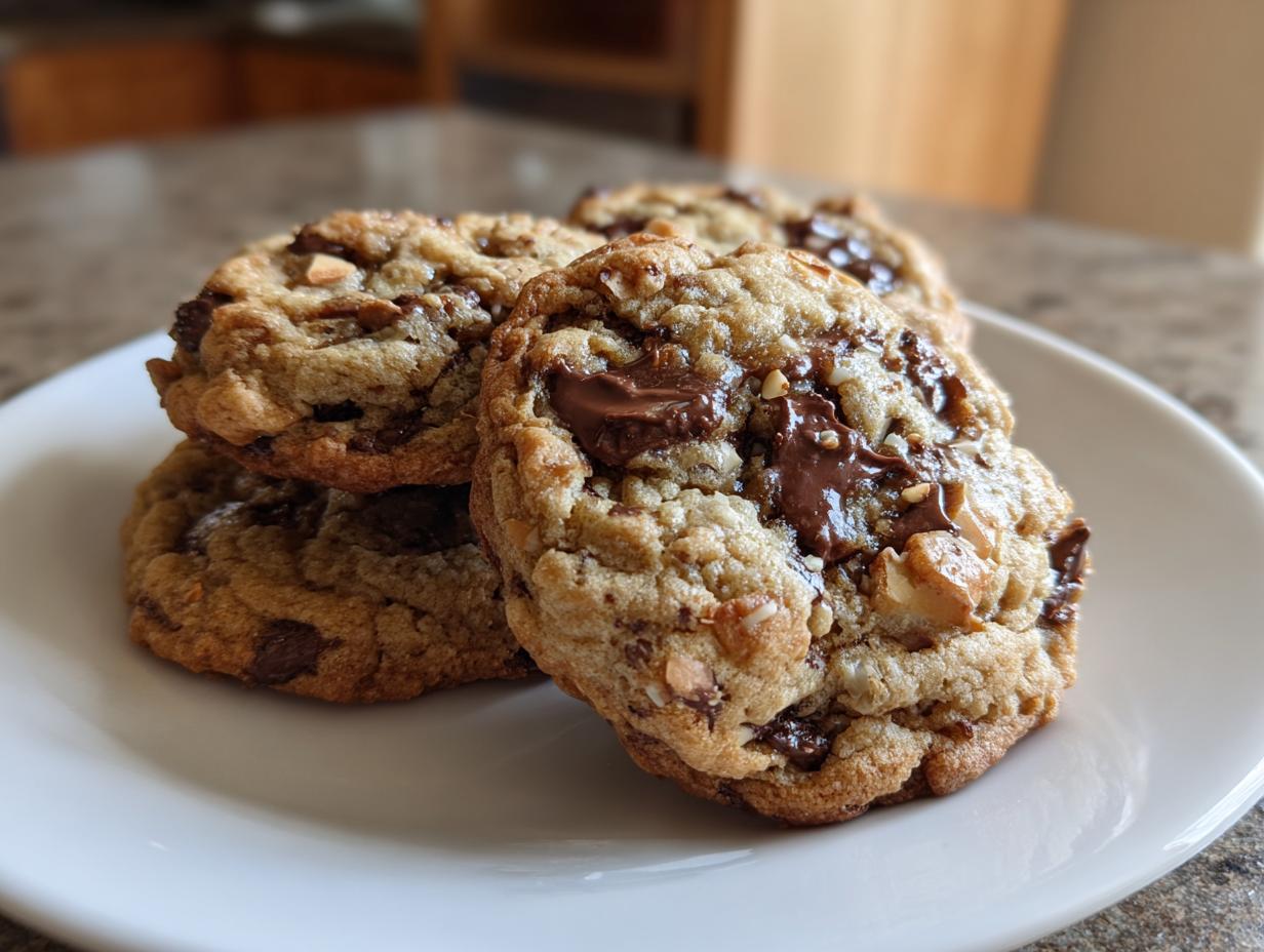 A close-up stack of four chewy chocolate chip almond cookies featuring melted chocolate chunks and visible almond pieces.