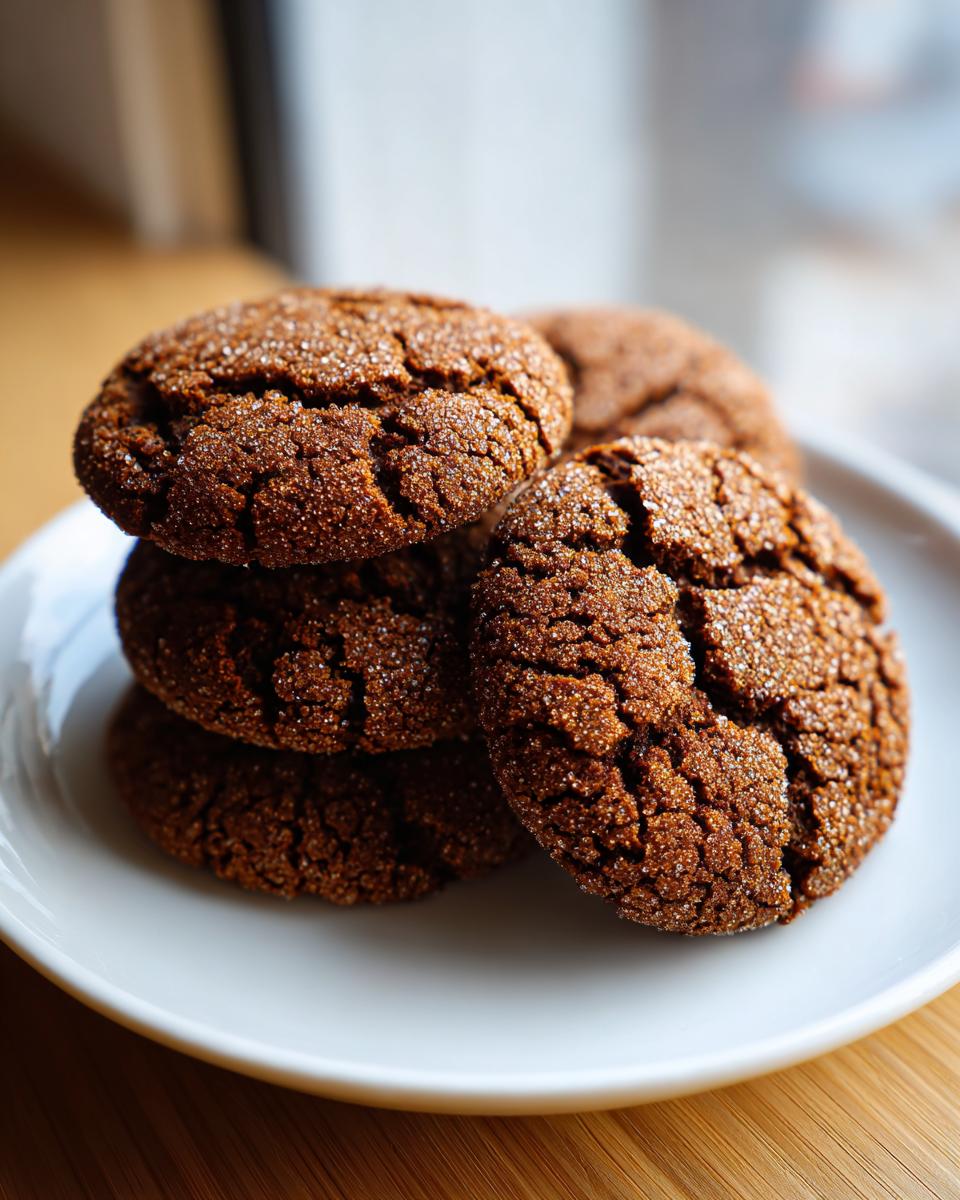 A stack of four dark, chewy gingersnap cookies coated in sparkling sugar on a white plate.
