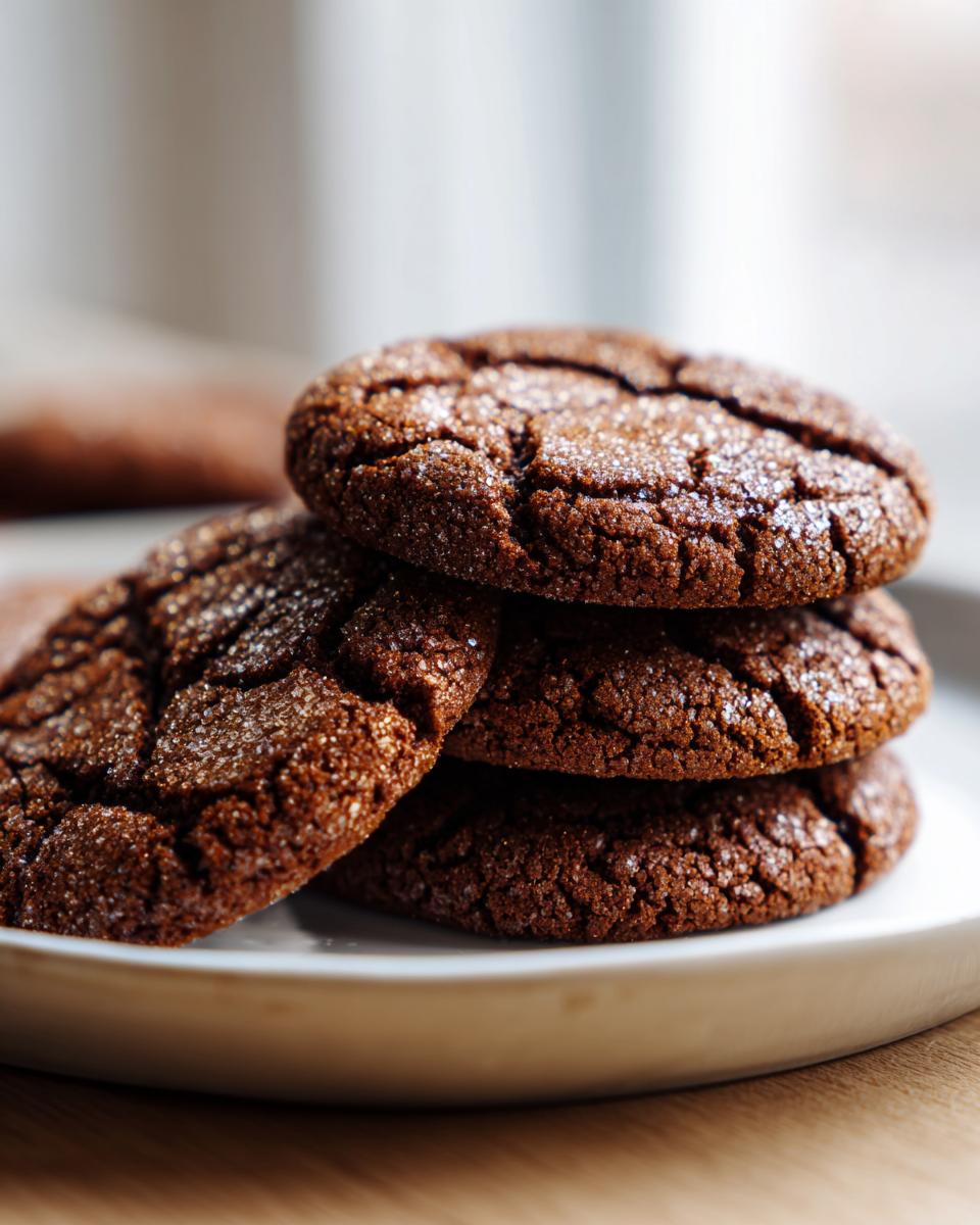 Close-up of a stack of three dark, chewy gingersnap cookies coated in sparkling sugar.
