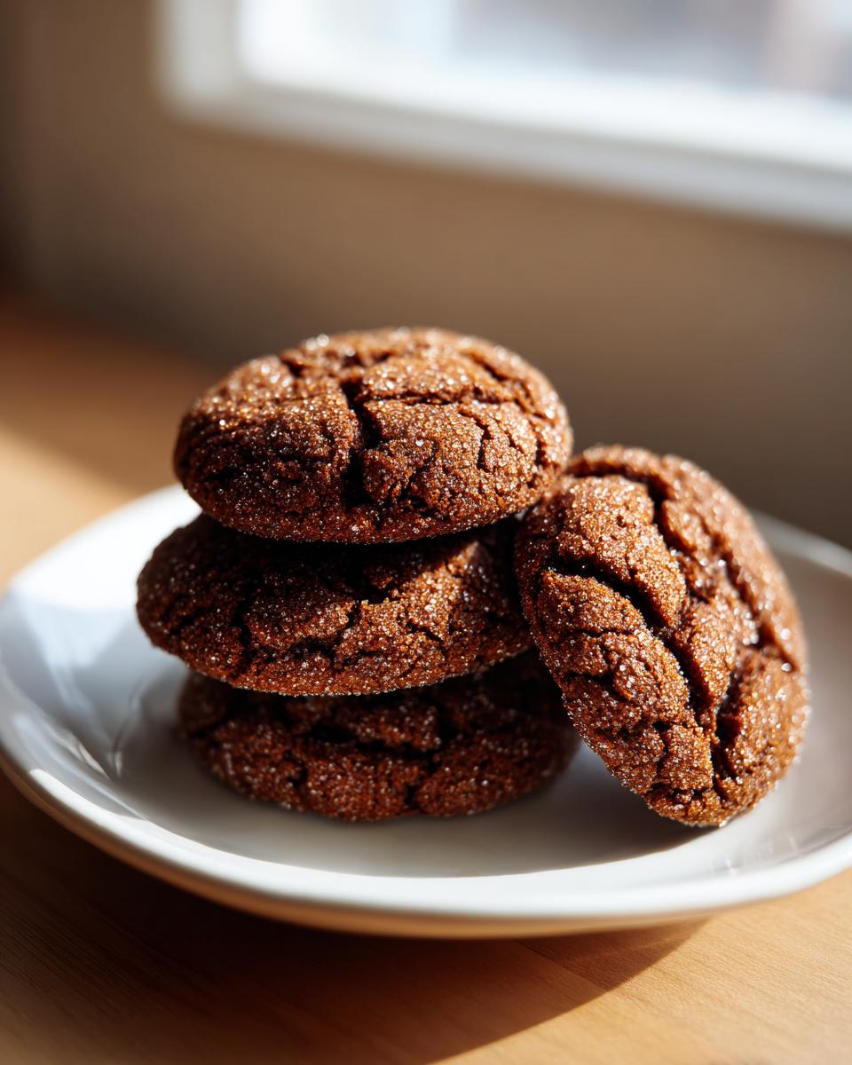 A stack of four chewy gingersnap cookies, coated in sugar crystals, resting on a white plate.