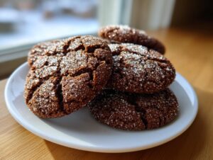 A stack of dark, chewy gingersnap cookies heavily coated in sparkling sugar crystals on a white plate.