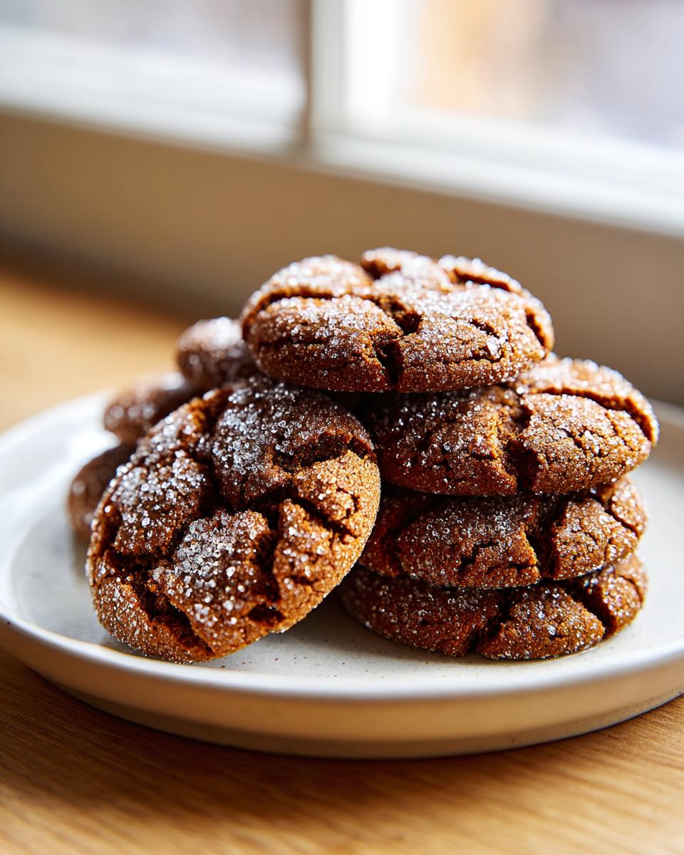 A stack of chewy gingersnap cookies coated in sparkling sugar, ready to eat.
