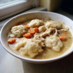 A close-up of a white bowl filled with creamy chicken and drop dumplings, carrots, and shredded chicken.