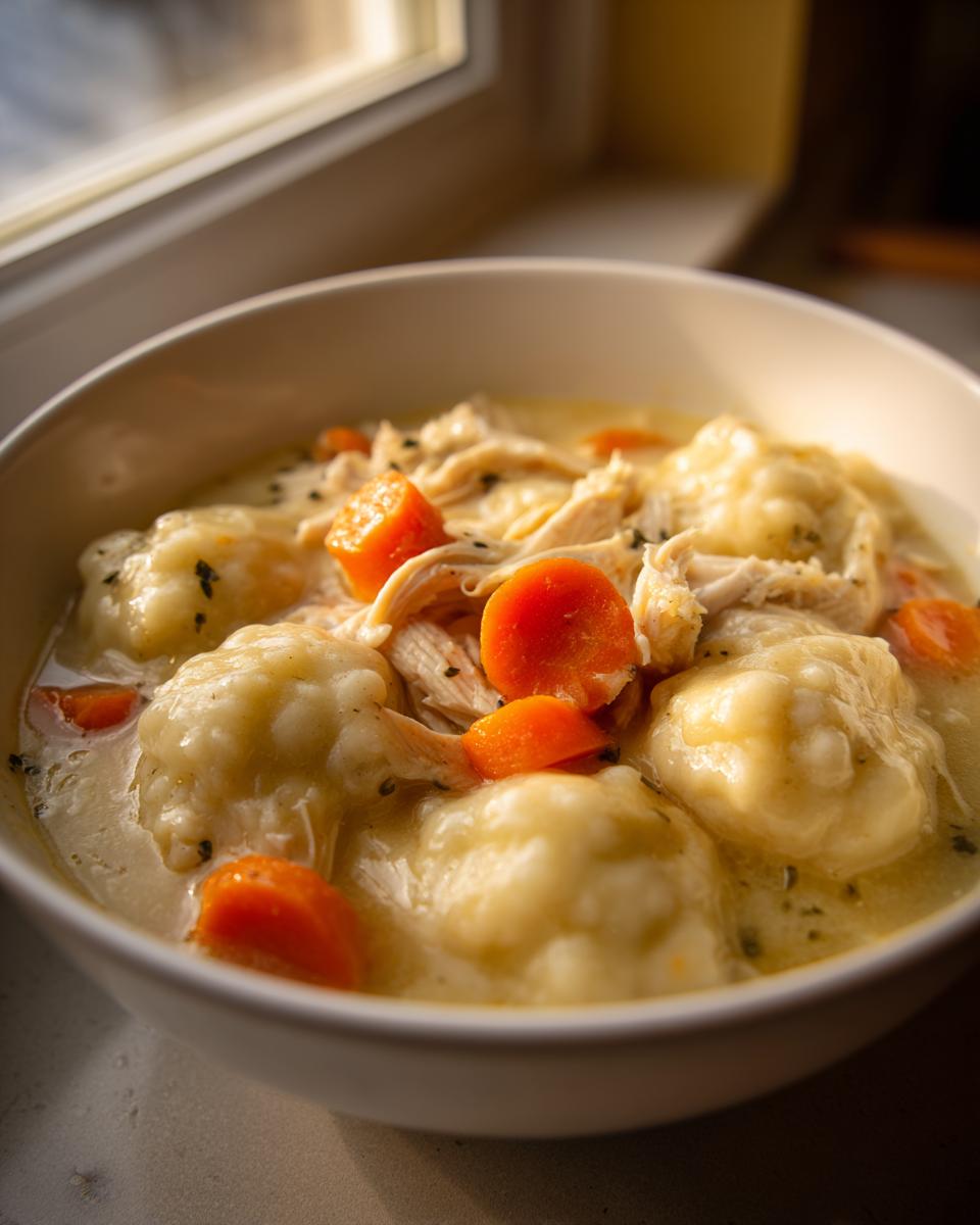 Close-up of a white bowl filled with creamy chicken and drop dumplings, shredded chicken, and bright orange carrots.
