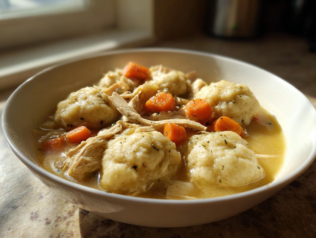 A close-up of a white bowl filled with rich broth, shredded chicken, carrots, and fluffy chicken and drop dumplings.