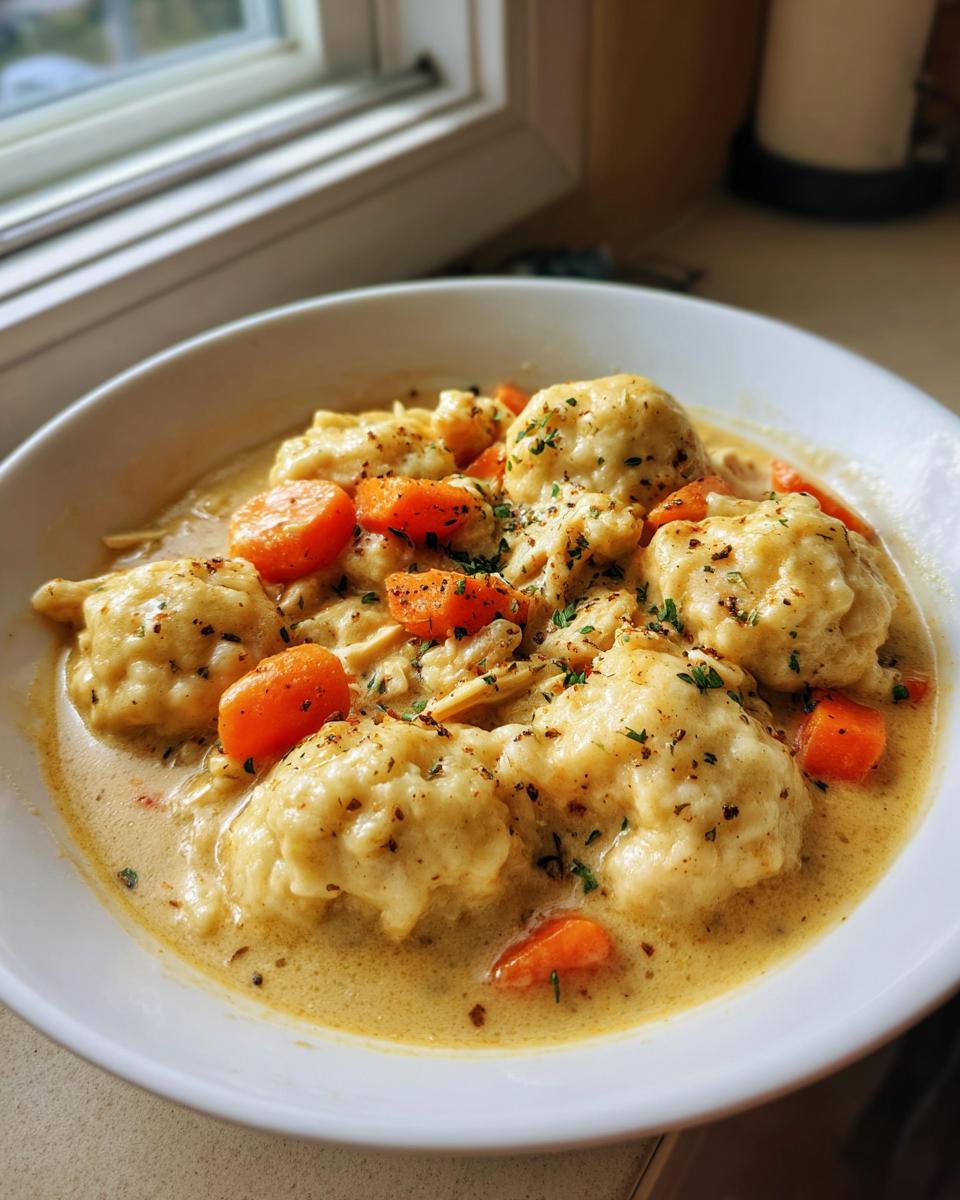 A white bowl filled with creamy chicken and drop dumplings, mixed with bright orange carrots and sprinkled with herbs.