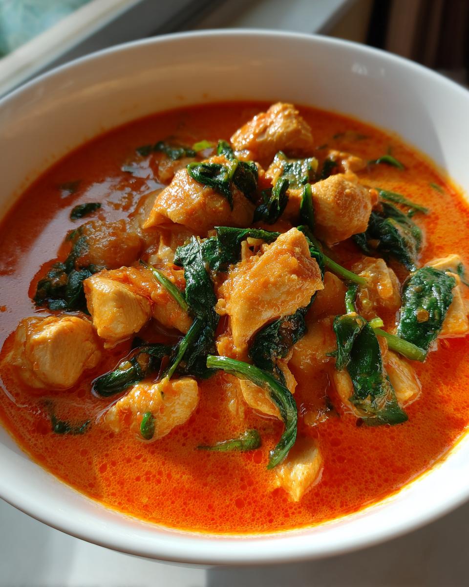 A close-up view of rich, orange-red chicken coconut curry with chunks of chicken and wilted spinach in a white bowl.