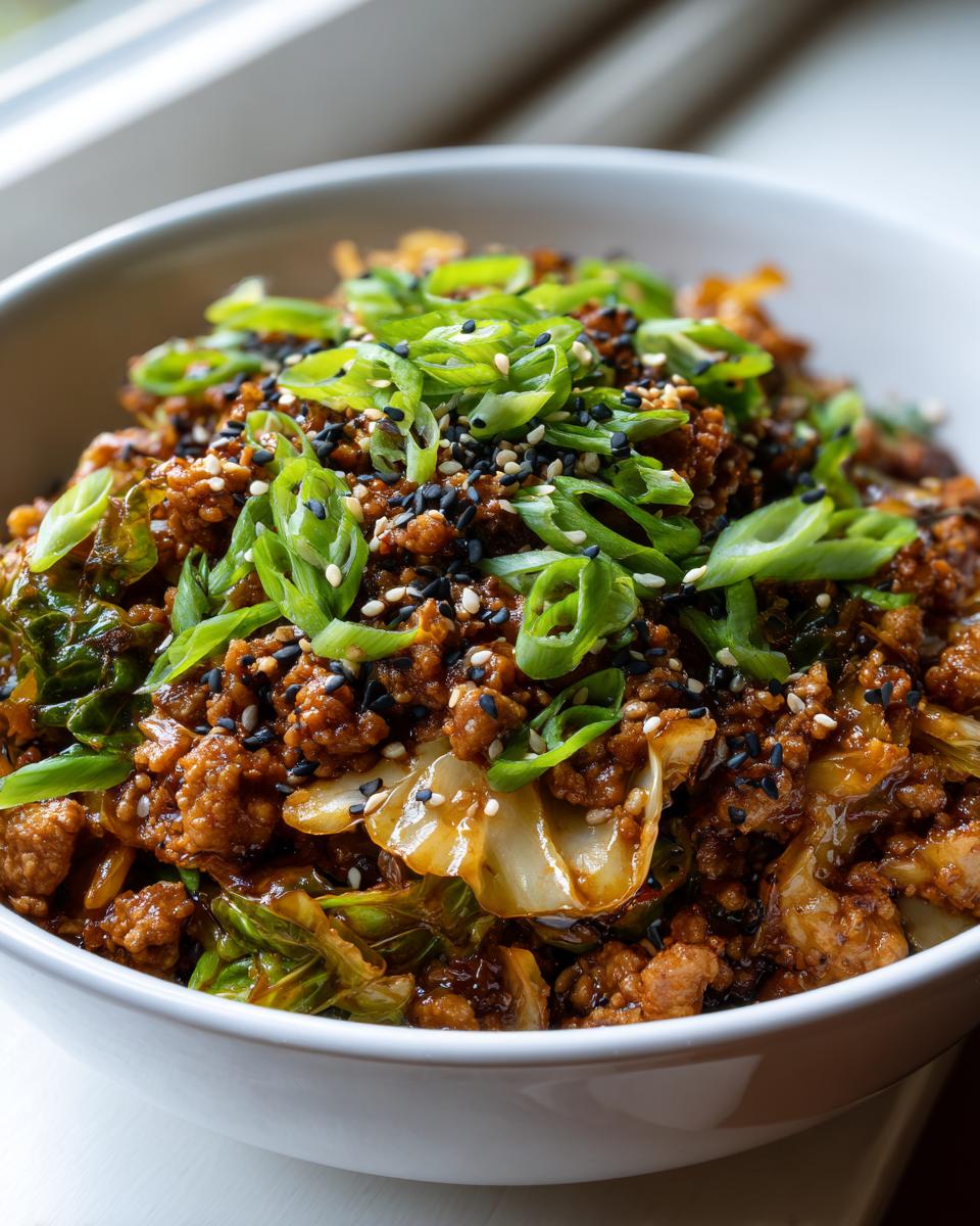 A close-up of a white bowl filled with savory chicken egg roll in a bowl, topped with sliced green onions and sesame seeds.