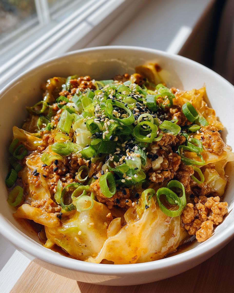 A close-up of a white bowl filled with chicken egg roll in a bowl, topped generously with sliced green onions and sesame seeds.