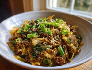A close-up of a hearty serving of chicken egg roll in a bowl, topped with sesame seeds and green onions.