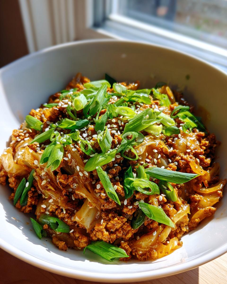 A close-up of a bowl filled with savory chicken egg roll in a bowl mixture, topped with fresh green onions and sesame seeds.