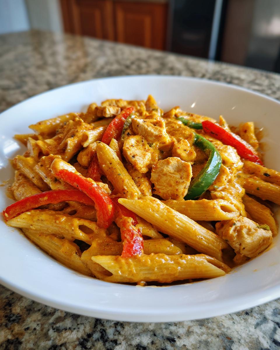 Close-up of creamy chicken fajita pasta with penne, seasoned chicken, and sliced red and green bell peppers.