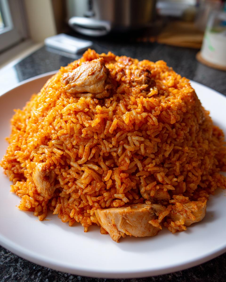 A generous serving of vibrant orange, perfectly cooked jollof rice topped with pieces of chicken on a white plate.