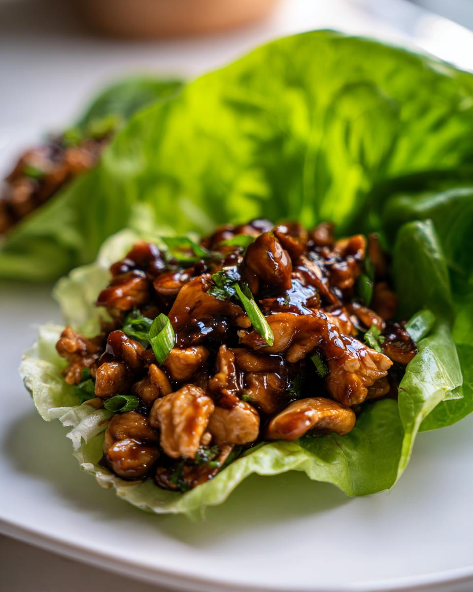 Close-up of savory glazed chicken filling topped with green onions served in a crisp lettuce cup for chicken lettuce wraps.
